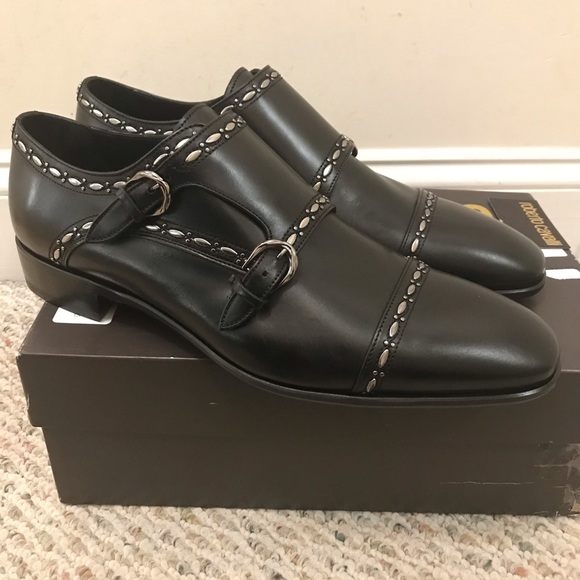 ?Roberto Cavalli black leather studded dress shoe